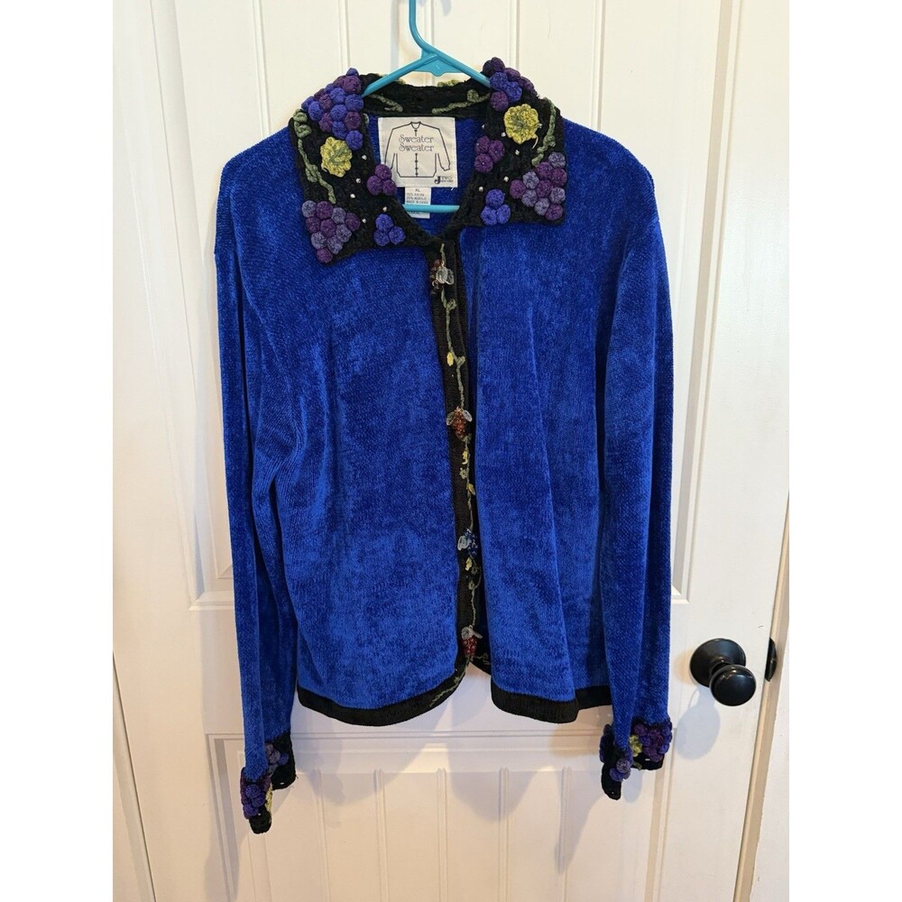 Vintage Sweater Sweater JTwo Women’s XL Blue Chenille Grape Cardigan 3D Floral